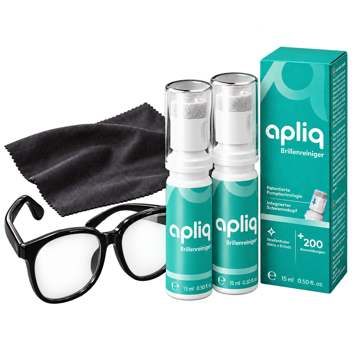 Apliq Set: Brillenreiniger mit Schwammkopf und Reinigungstuch